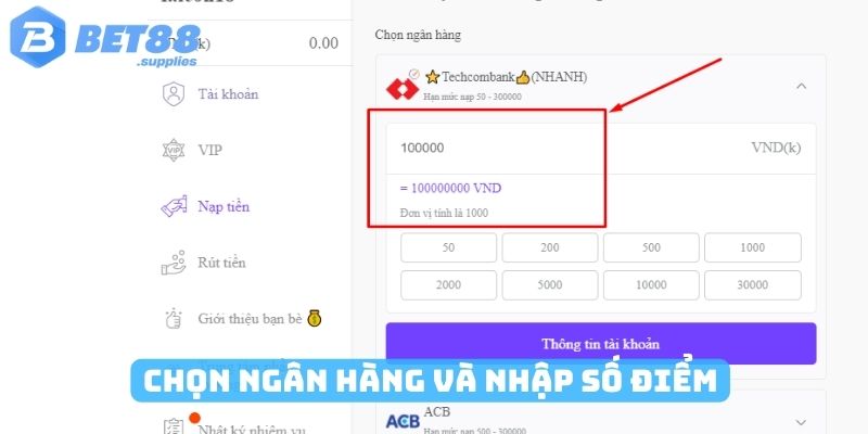 Chọn ngan hàng và nhập số điểm nạp