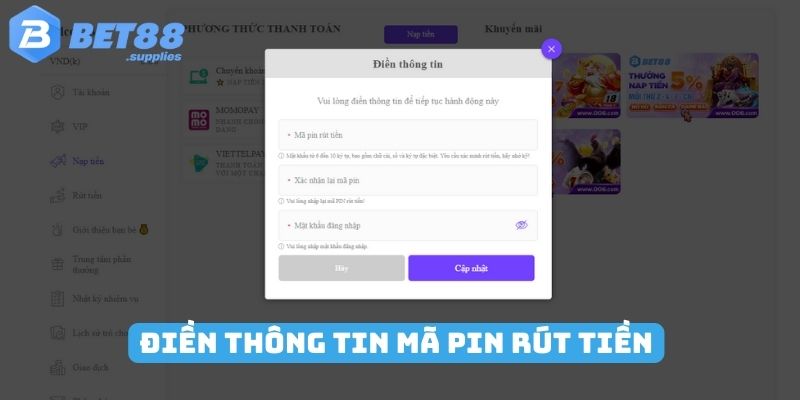 Điền thông tin mã PIN rút tiền