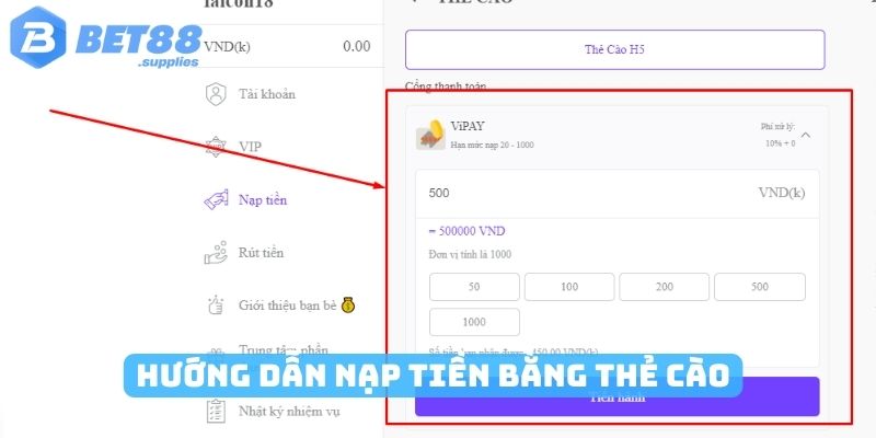 Hướng dẫn nạp tiền bằng thẻ cào