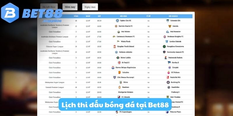 Lịch thi đấu bóng đá tại Bet88