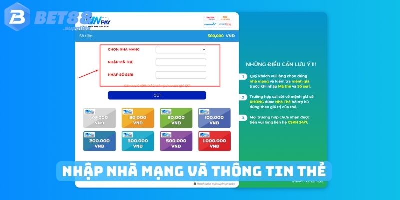 Chọn nhà mạng và nhập thông tin thẻ